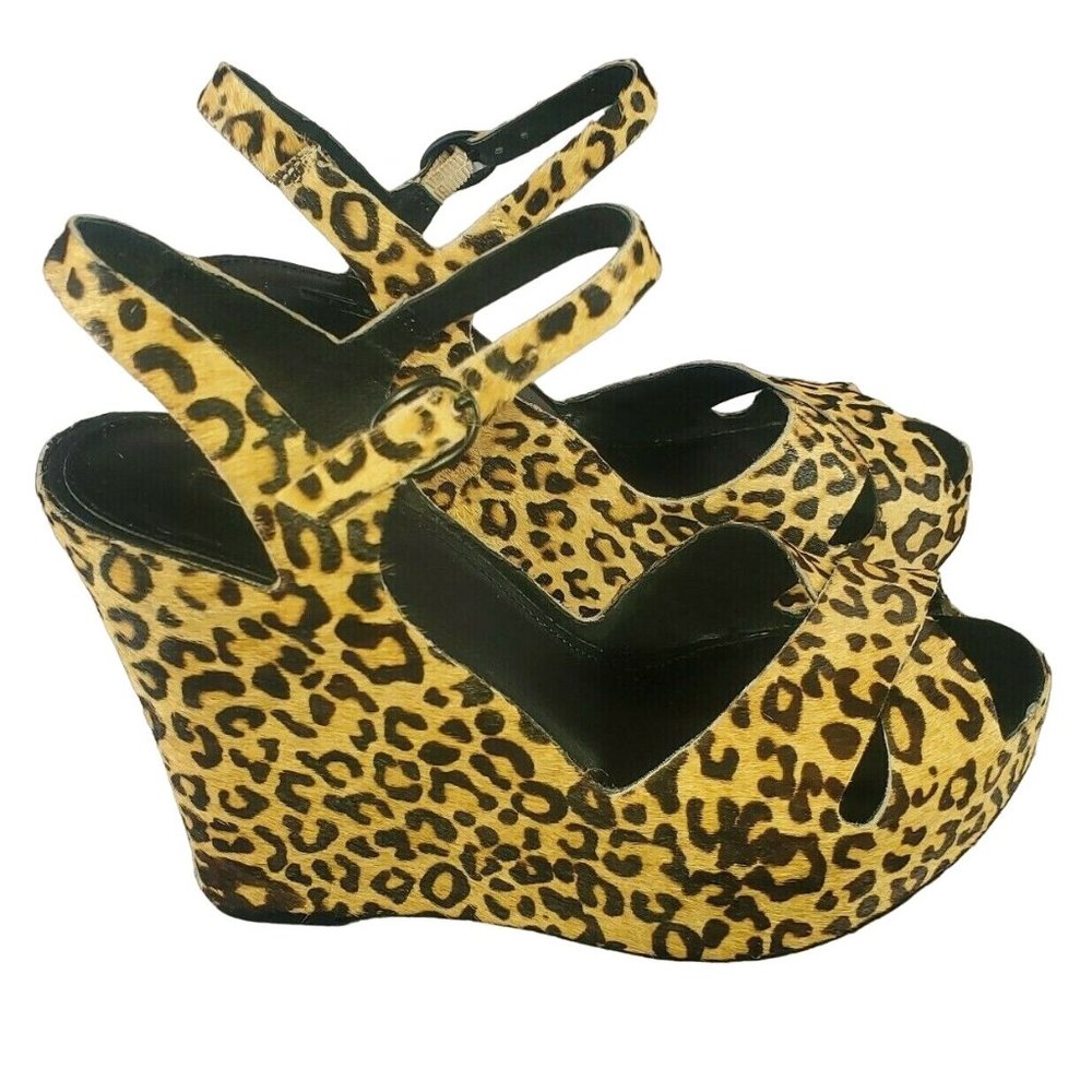 Matiko LYNN Leopard Tiger Tan Wedge Platform Peep Toe High Heels Pumps Shoes 7